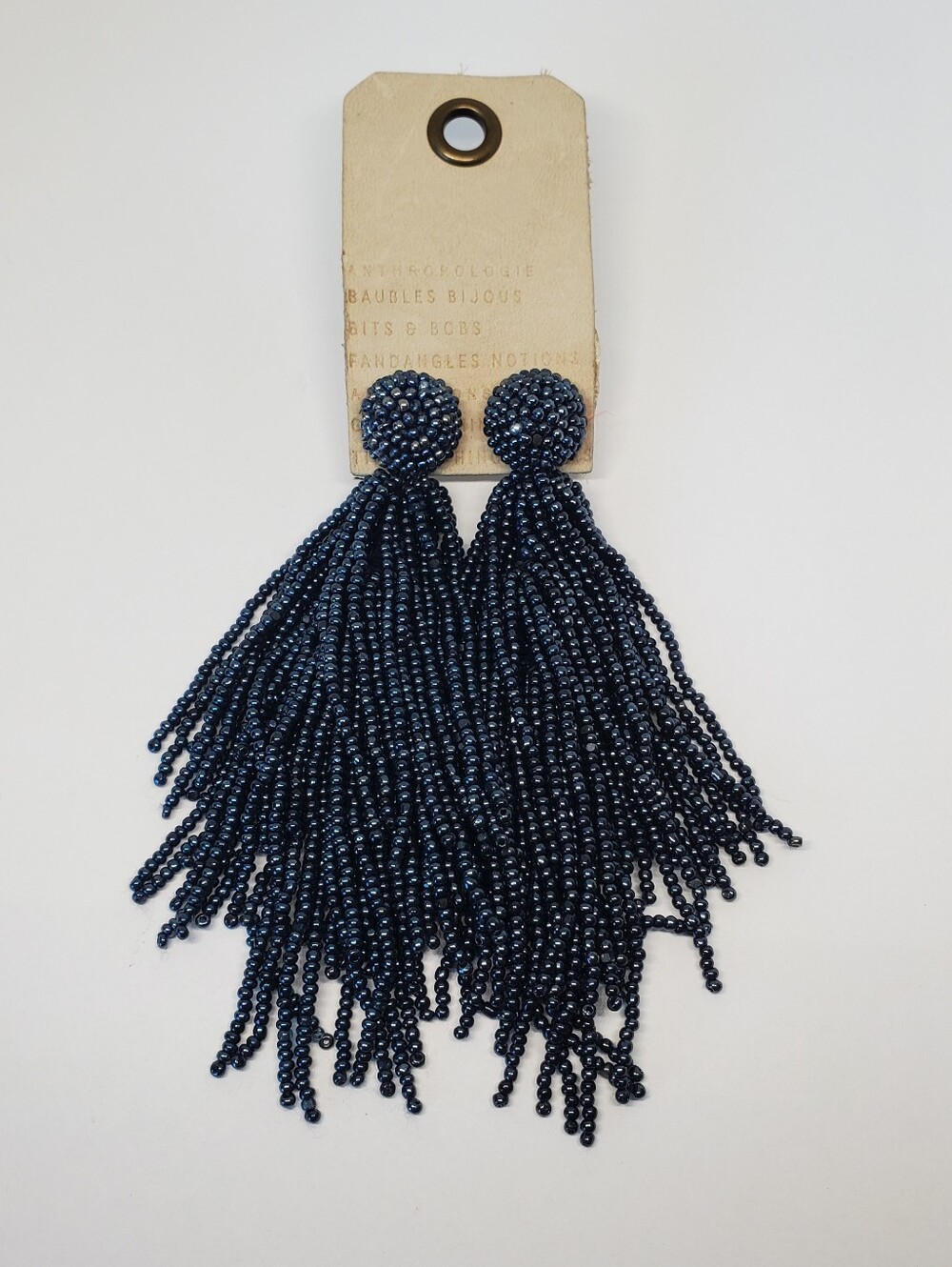 Anthropologie Dark Blue Gray Seed Bead Tassel Earrings